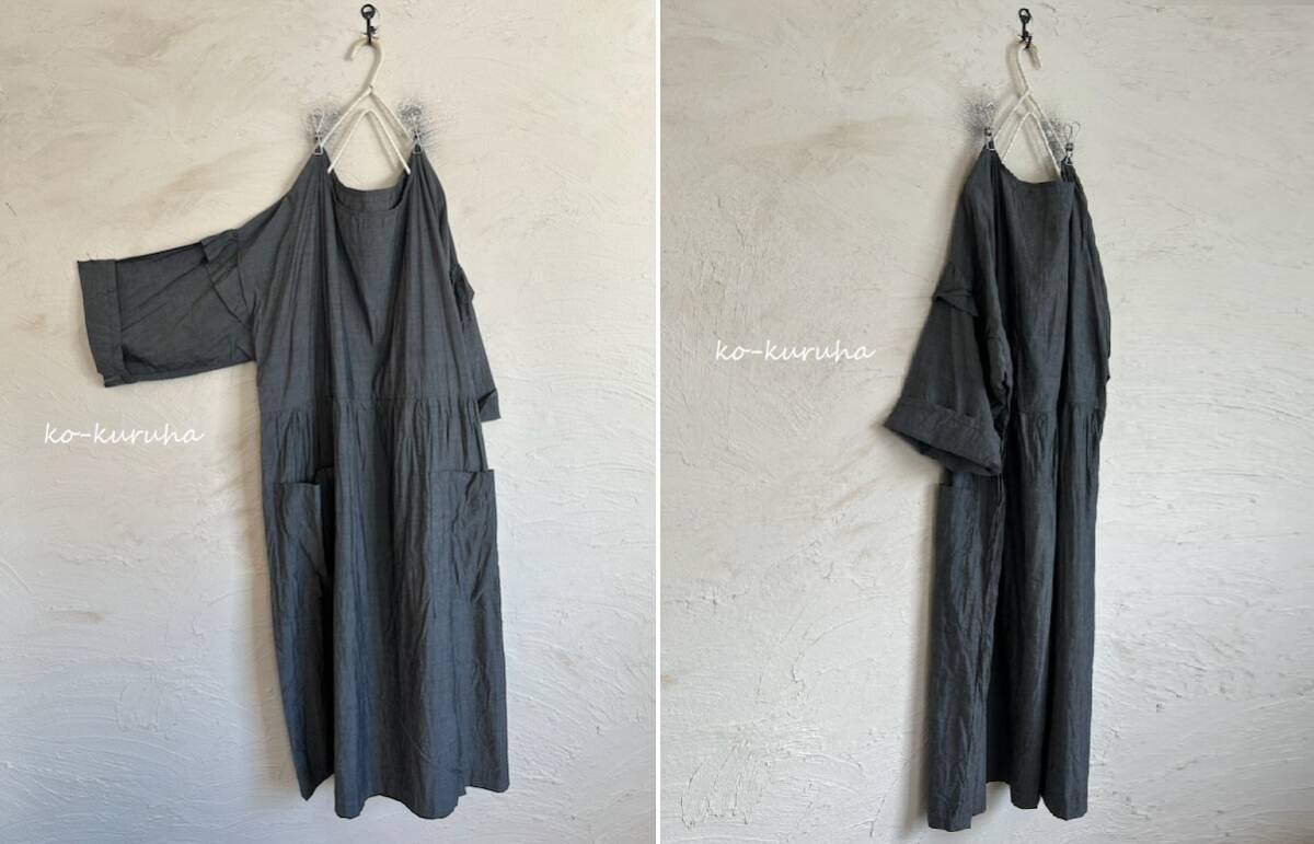 ハンドメイド::しなやかキュプラ混コットンダークグレー。切替ギャザーOP拍卖