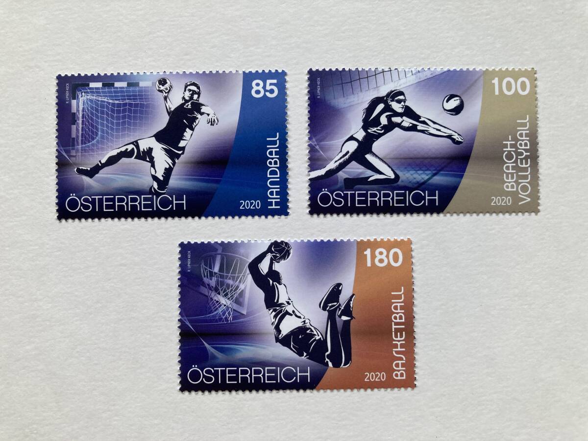 外国切手: オーストリア切手 「スポーツとボール」(ハンドボール、ビーチバレー、バスケットボール)3種完 未使用拍卖