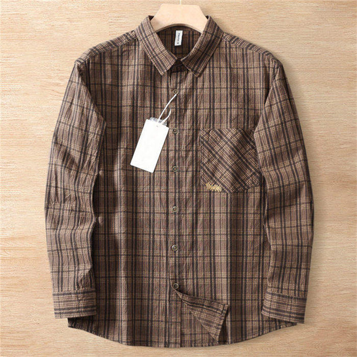 Y6281-2XL カーキ 新品 長袖シャツ 綿麻混 先染め ウォッシュ加工 格子柄 チェック 快適 通気 夏秋 ゆったり メンズ レギュラーカラー拍卖