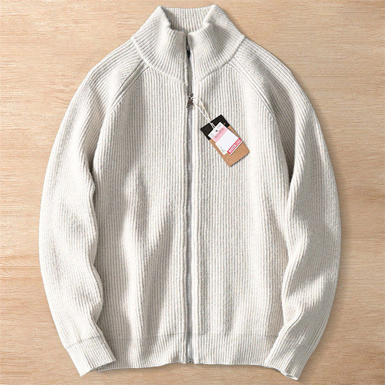 Y6271-L ベージュ 新品 ウール混 セーター カーディガン 柔らか 暖かさ 秋冬 厚手 ニット ジャケット ジップアップ メンズ アウター拍卖