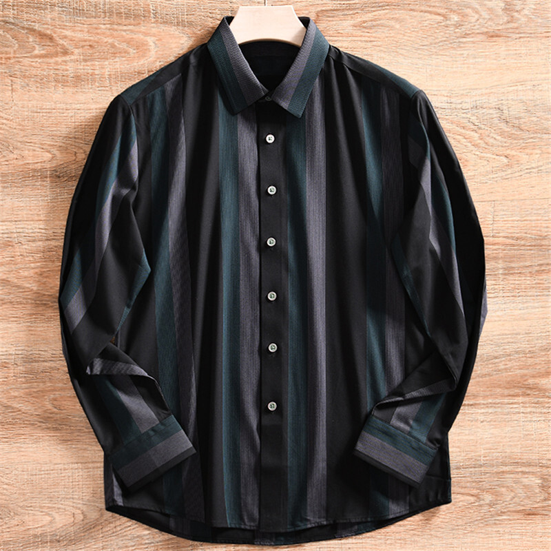 A4906-M 新品 DCKMANY テンセル 黒 緑 縦じま 長袖シャツ 速乾 形態安定 春夏秋 メンズ 紳士 ボタンダウン ワイシャツ レギュラーカラー拍卖