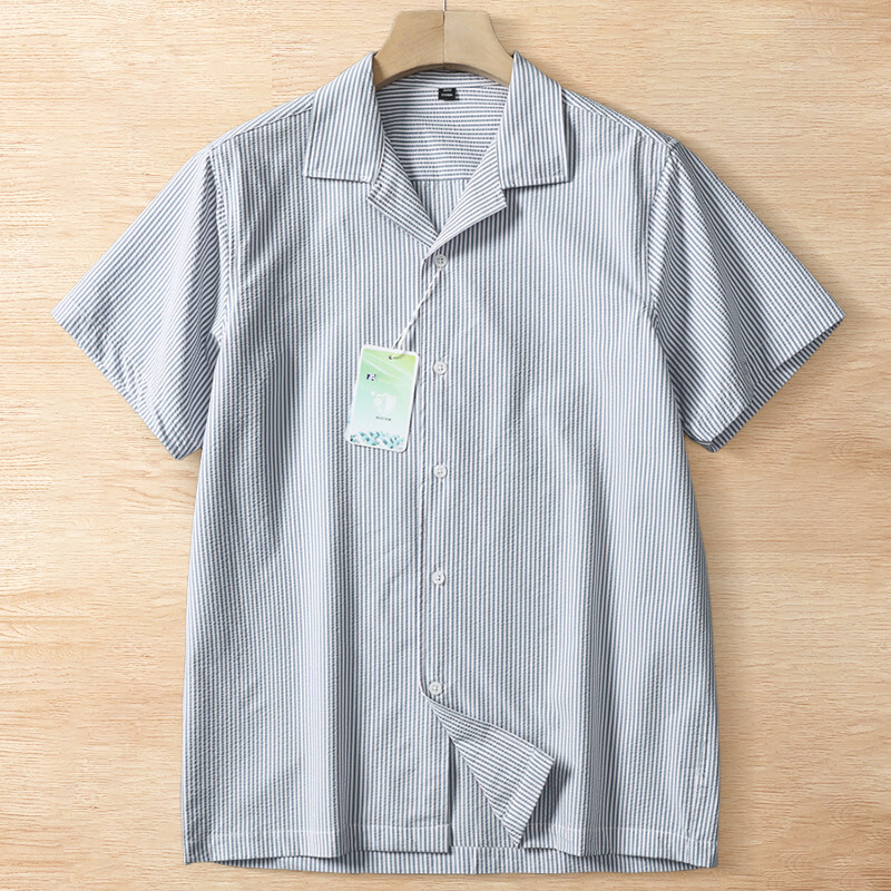 T7793-L 新品 青 ストライプ シアサッカー シャツ 盛夏 春夏 開襟 薄手 オープンカラー 吸水速乾 涼感 半袖 サマー シャツ ストレッチ拍卖