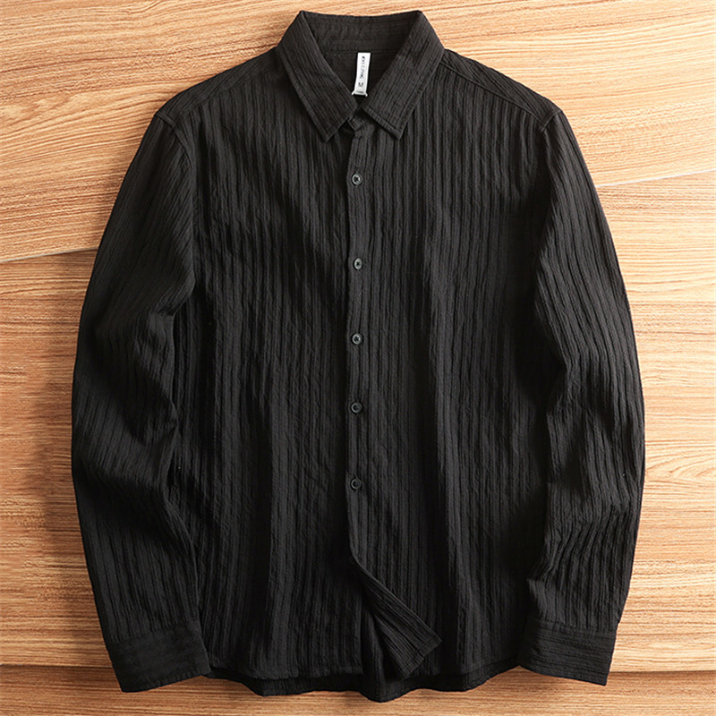 T6994-L 新品 黒 テンセル 楊柳 クレープ ストライプ ジャカード 長袖 サマー シャツ レギュラーカラー ボタンダウン 薄手 軽やか 春夏 拍卖