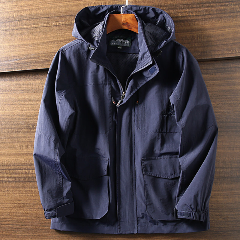 W1008-XL/紺色 軽量&通気!新品 メンズ フード付き ジャケット アウトドアパーカー 防水防風 撥水 春秋 ビジネス カジュアル アウター拍卖