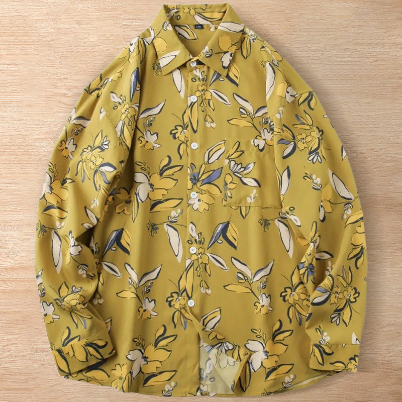 Y6240-2XL イエロー 新品 長袖シャツ アロハ リゾート風 ボタニカル柄 ゆったり 涼感 快適 軽やか 通気 夏秋 メンズ カジュアル トップス拍卖