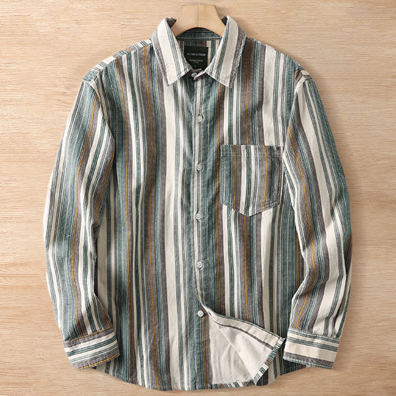 Y6253-L グリーン 新品 欧米サイス 長袖シャツ 縦縞 先染め コーデュロイ シャツ 快適 通気 夏秋 メンズ レギュラーカラー ボタンダウン拍卖