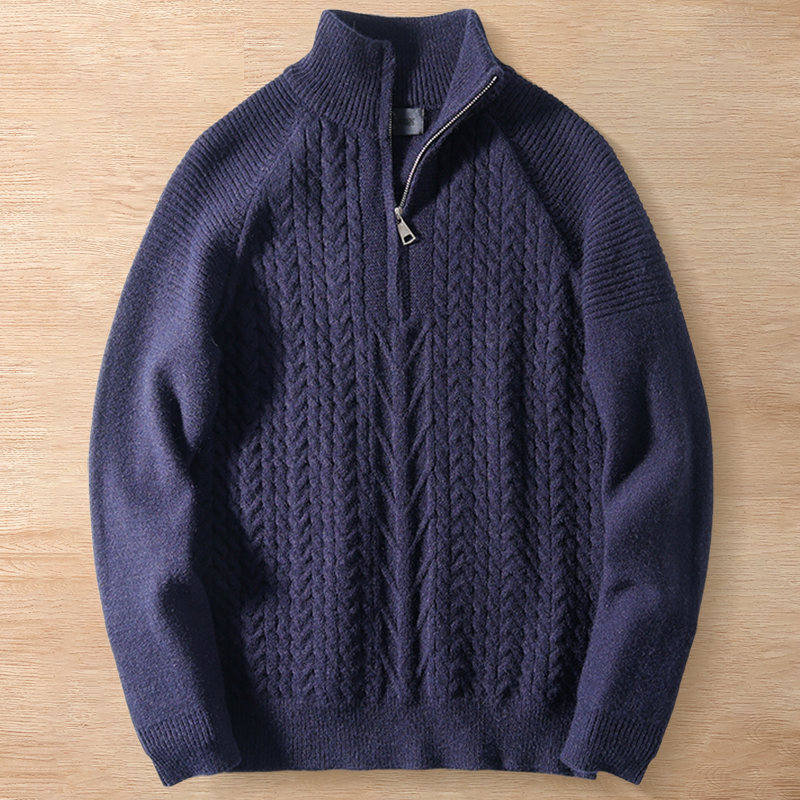 Y6276-XL ネイビー 新品 ウール混 ハーフジップニット ケーブル編み フィッシャーマン 柔らか 暖かさ 秋冬 セーター メンズ トップス拍卖