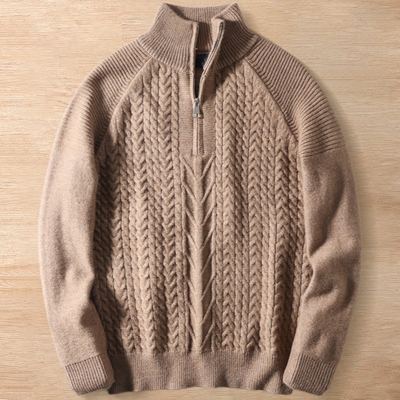 Y6277-2XL カーキ 新品 ウール混 ハーフジップニット ケーブル編み フィッシャーマン 柔らか 暖かさ 秋冬 セーター メンズ トップス拍卖