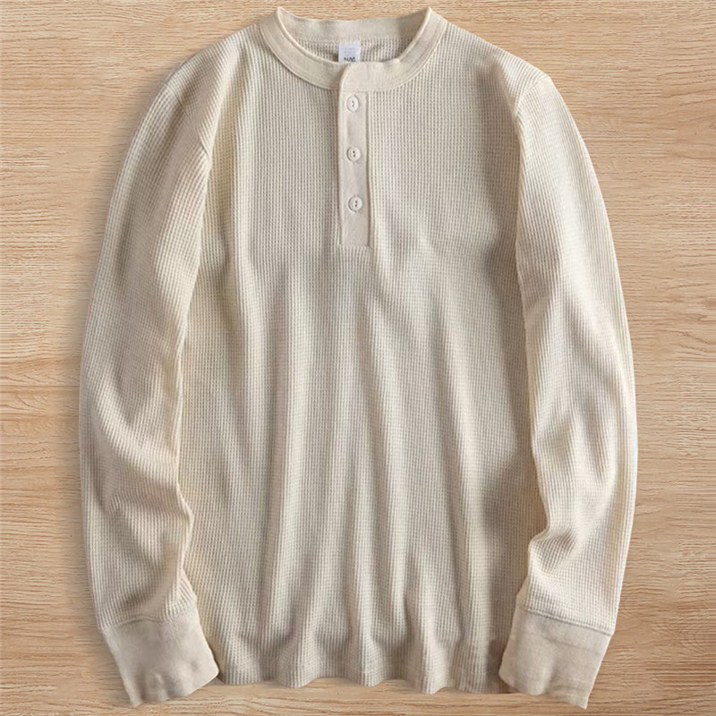 Y6307-L カーキ 新品 ヘンリーネック Tシャツ 肌に優しい ワッフル 長袖 通気 ウォッシュ加工 サマー 秋 カジュアル トップス 高品質拍卖