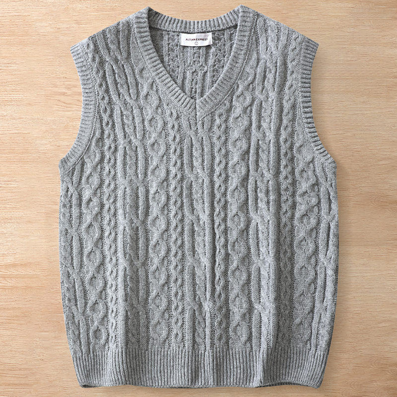 Y6345-2XL グレー 新品 ウール混 ベスト Vネック ケーブル編みセーター フィッシャーマン 柔らか 暖かさ 秋冬 セーター メンズ トップス拍卖
