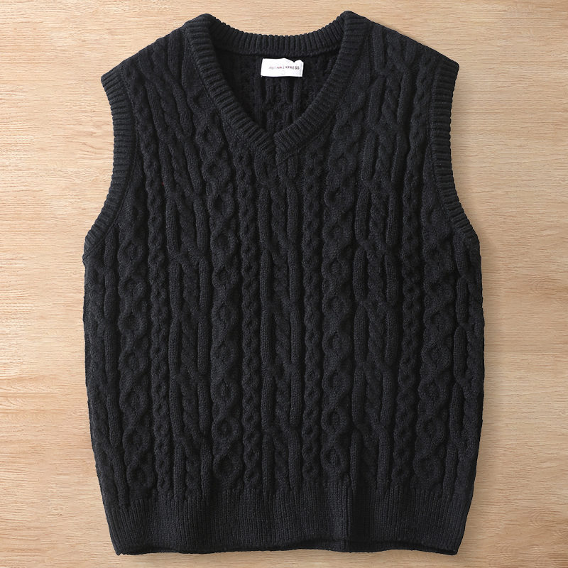 Y6346-M ブラック 新品 ウール混 ベスト Vネック ケーブル編みセーター フィッシャーマン 柔らか 暖かさ 秋冬 セーター メンズ トップス拍卖