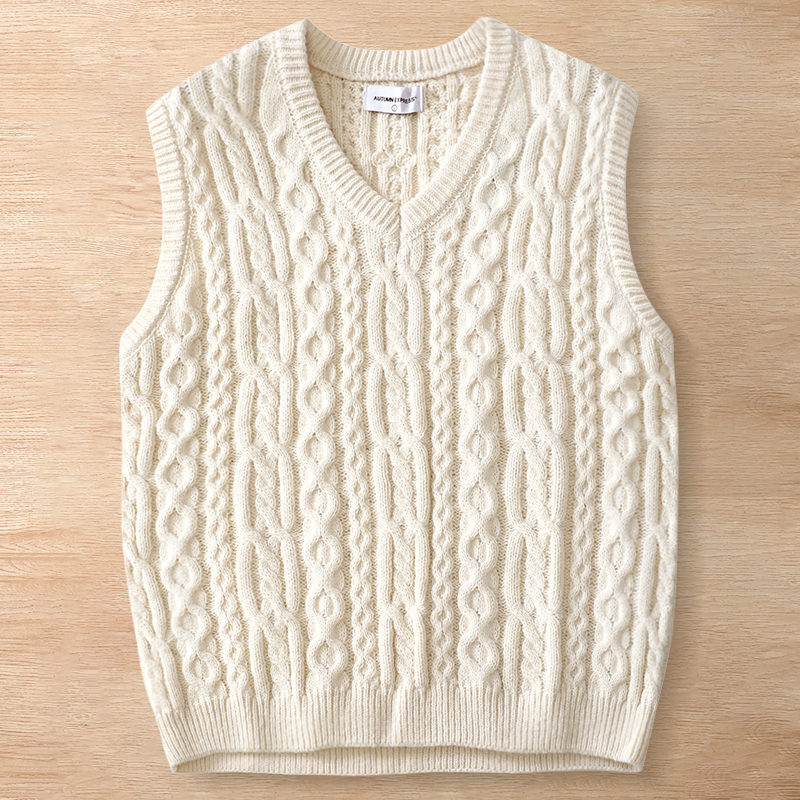 Y6347-L ベージュ 新品 ウール混 ベスト Vネック ケーブル編みセーター フィッシャーマン 柔らか 暖かさ 秋冬 セーター メンズ トップス拍卖