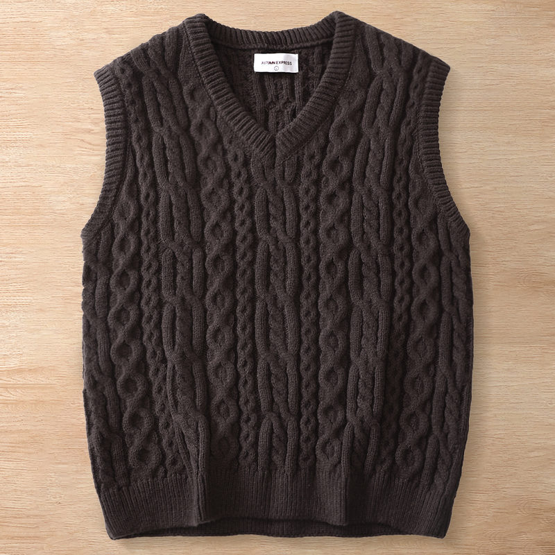 Y6348-L モカ 新品 ウール混 ベスト Vネック ケーブル編みセーター フィッシャーマン 柔らか 暖かさ 秋冬 セーター メンズ トップス拍卖