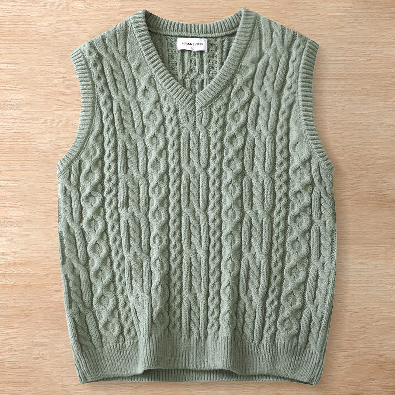Y6349-M グリーン 新品 ウール混 ベスト Vネック ケーブル編みセーター フィッシャーマン 柔らか 暖かさ 秋冬 セーター メンズ トップス拍卖
