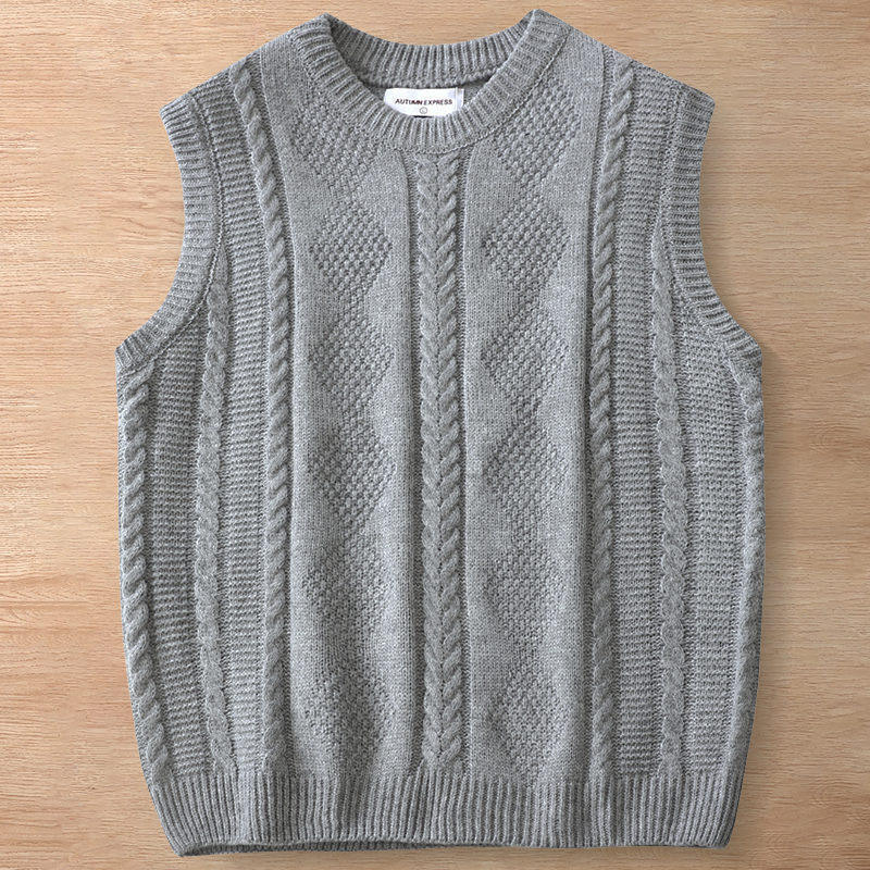 Y6350-2XL グレー 新品 ウール混 ニット ベスト フィッシャーマン ケーブル編みセーター 防寒 暖かさ 秋冬 セーター メンズ トップス拍卖