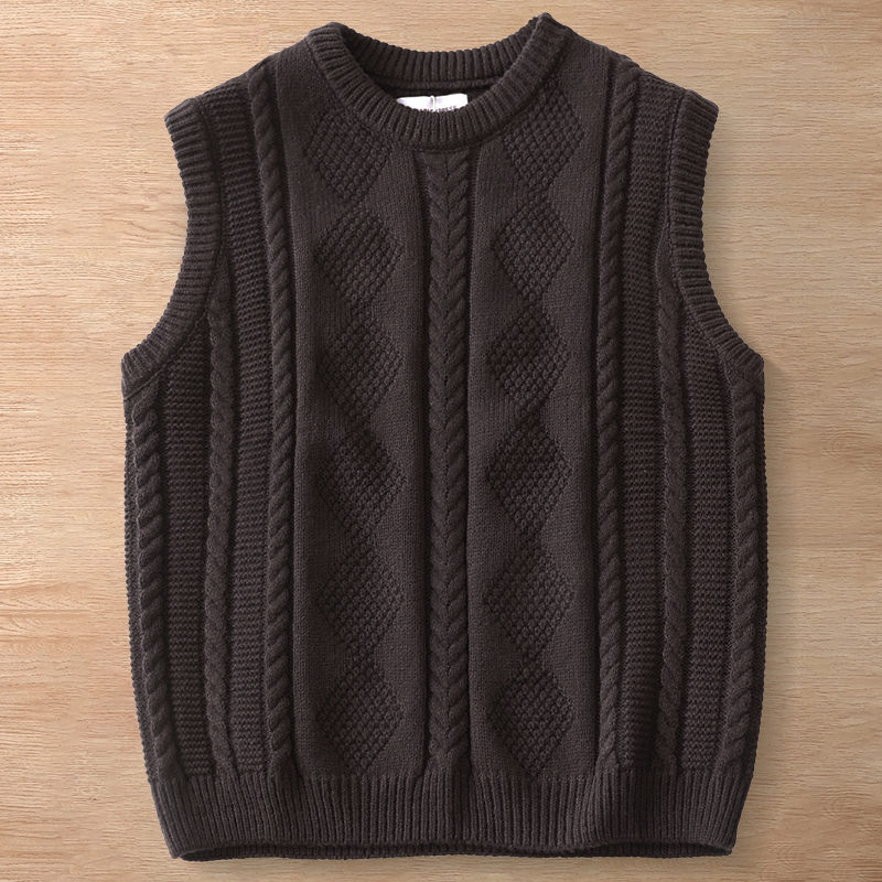 Y6353-M モカ 新品 ウール混 ニット ベスト フィッシャーマン ケーブル編みセーター 防寒 暖かさ 秋冬 セーター メンズ トップス拍卖