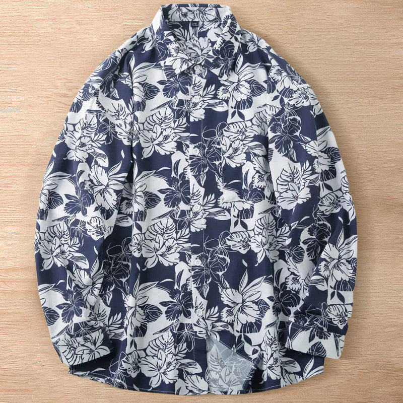 Y6241-XL ネイビー 新品 長袖シャツ アロハ リゾート風 ボタニカル柄 ゆったり 涼感 快適 軽やか 通気 夏秋 メンズ カジュアル トップス拍卖