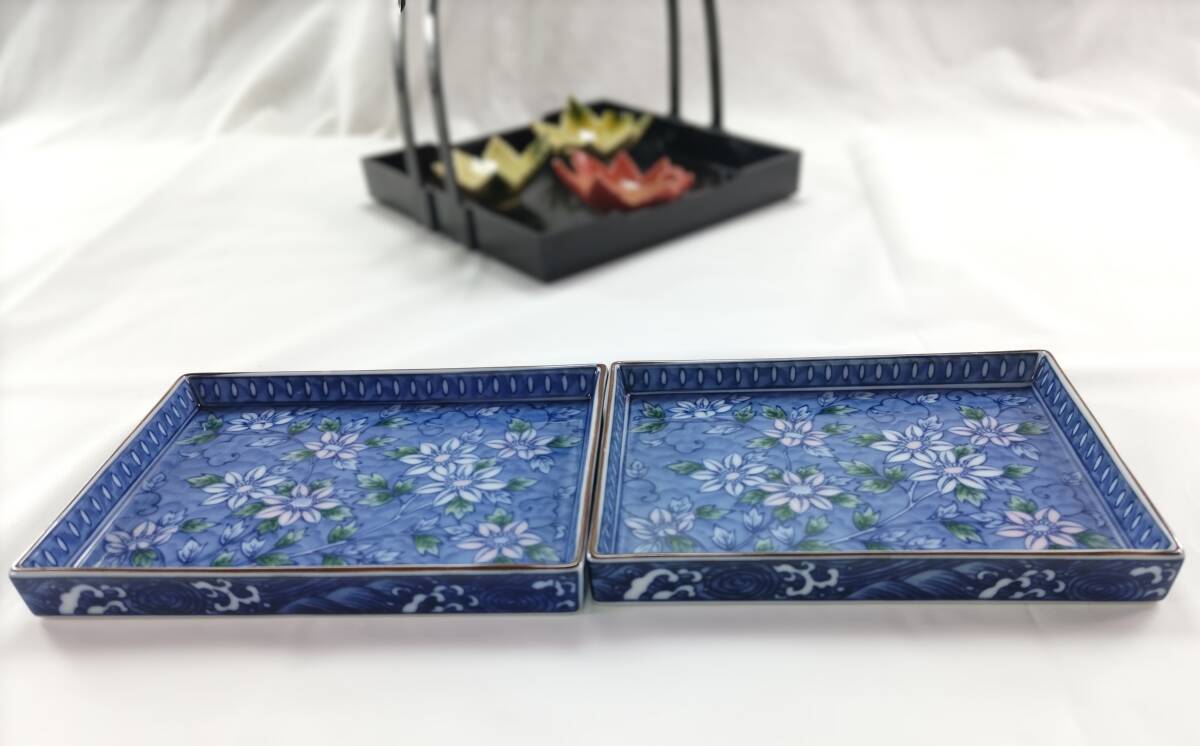 專龜【美しい食器】角皿 2枚 刺身皿 玉子焼 副菜 焼魚 銘々皿 角皿 和食 日本 伝統 陶器 焼物 和風 ペア おもてなし おうちごはん 青 花拍卖