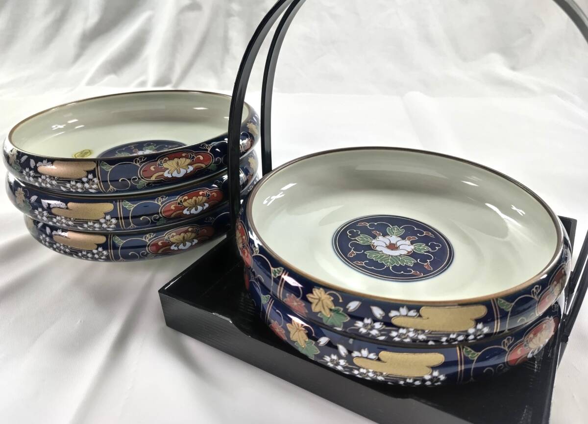 專龜【新品・未使用品】有田焼 フリー鉢揃 5皿 盛皿 丸皿 波佐見焼 未峰窯 金彩染錦春秋文 レトロ 日本 陶器 焼物 皿 節句 行事 会席 和拍卖