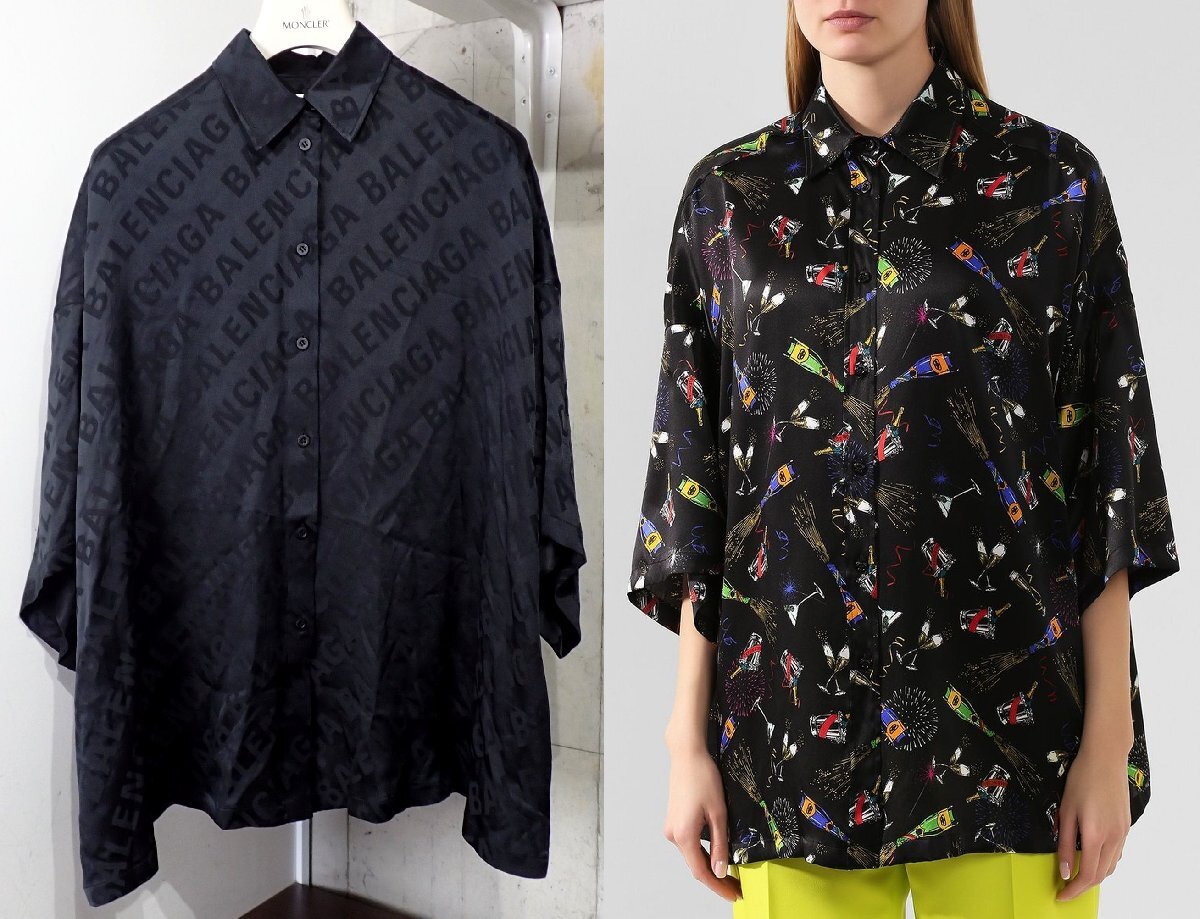 総柄ロゴ 美品 バレンシアガ BALENCIAGA 595038 ロゴ シルク100 ブラウス レディース オーバーサイズ シャツ ブラック 34 メンズ 2408拍卖