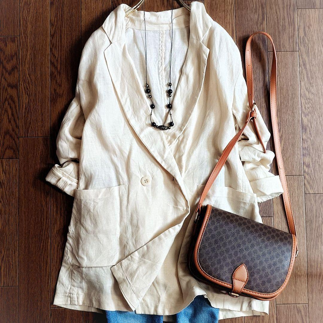 美品定価3.8万 ウィムガゼット リネン100%ダブルボタンジャケット ベージュ 長袖 無地 麻 テーラード 日本製 前開き 羽織 レディース 拍卖