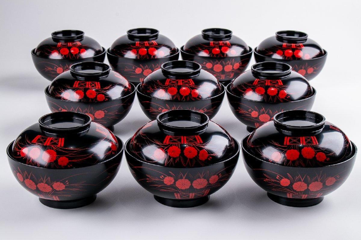 【うつわ】 漆匠 松永松寛 朱蒔絵草花文煮物椀 10客 共箱 E2240 古美術 骨董 古玩 陶芸 陶磁器 和食器 日本料理 料亭拍卖