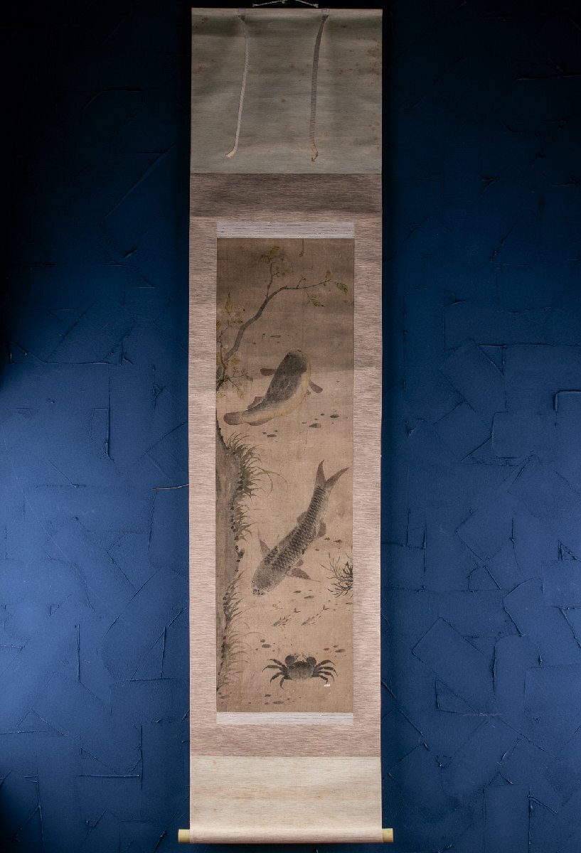 【絵画】 李朝民画 絹本肉筆 河豚蟹魚図 19世紀 軸装 E2057L 朝鮮古美術 朝鮮民画 リビング インテリア アート拍卖