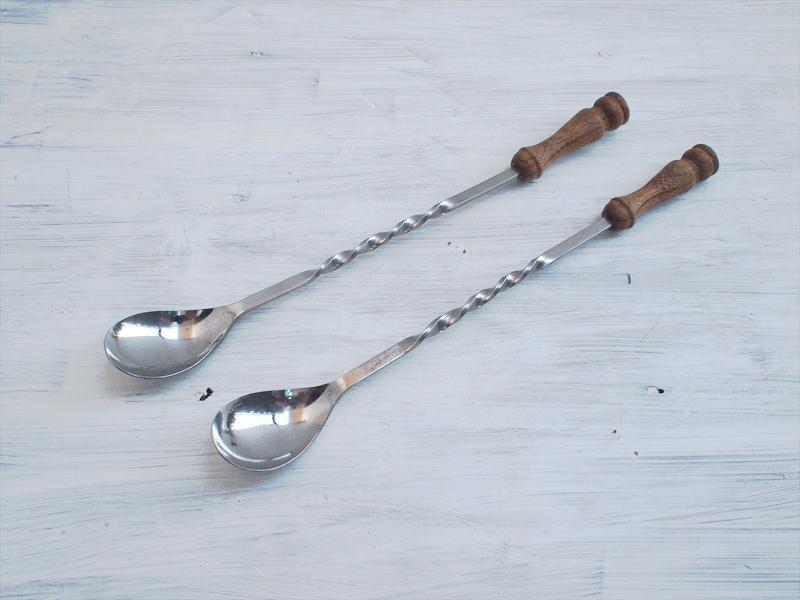 レトロキッチン雑貨*カトラリー・木の柄のねじねじロングスプーン2本セット・18cm☆テーブルウェア拍卖