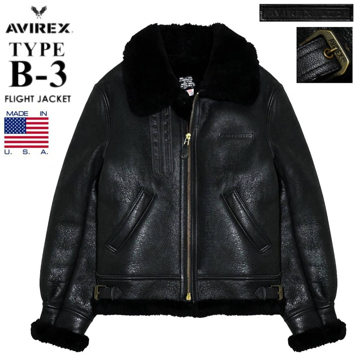 キングサイズ! 定価25.3万 美品 USA製 AVIREX アヴィレックス 現行 胸タグ TYPE B-3 リアルムートン フライトジャケット 42 黒 羊革 ボマー拍卖