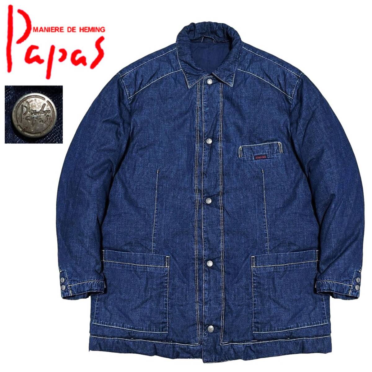 極美品 定価9.8万 Papas パパス ロゴ刻印ボタン ウォッシュ加工 インディゴデニム カバーオール ダウンコート 52/LL XL 日本製 ジャケット拍卖