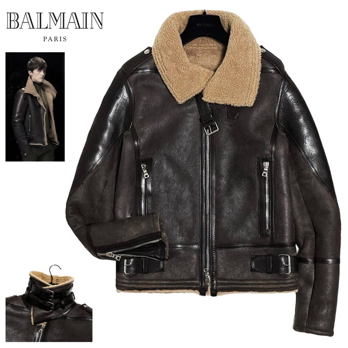 希少 傑作 14-15AW 定価68.4万 美品 BALMAIN HOMME バルマンオム リアルムートン B-3 アビエーター ライダースジャケット 44 羊革 ブルゾン拍卖