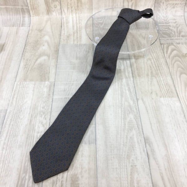 KZ8138★HERMES : 90's Old 幾何学模様 シルクネクタイ★ネイビー/グレー系 オールド エルメス拍卖