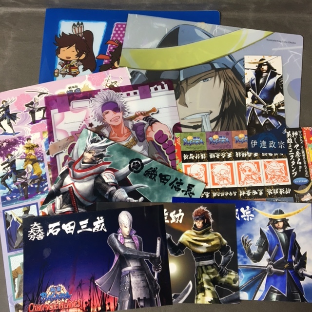中古 戦国バサラ クリアファイル3枚+クリスタルプリント4枚+しおり、スタンプ、シールなどセットで拍卖
