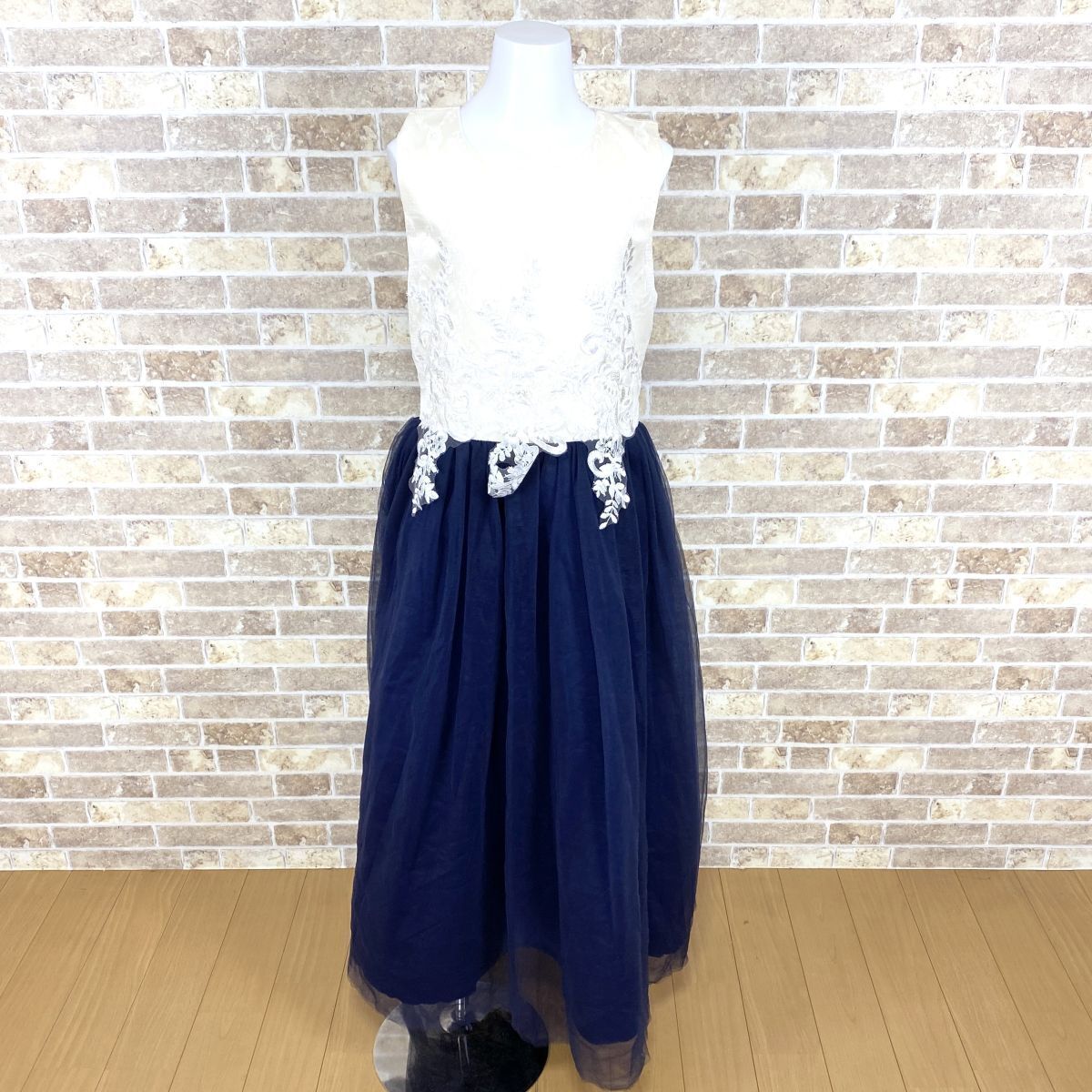 子供ドレス ワンピース 150 クリームネイビー カラードレス 発表会 イベント 中古13337拍卖