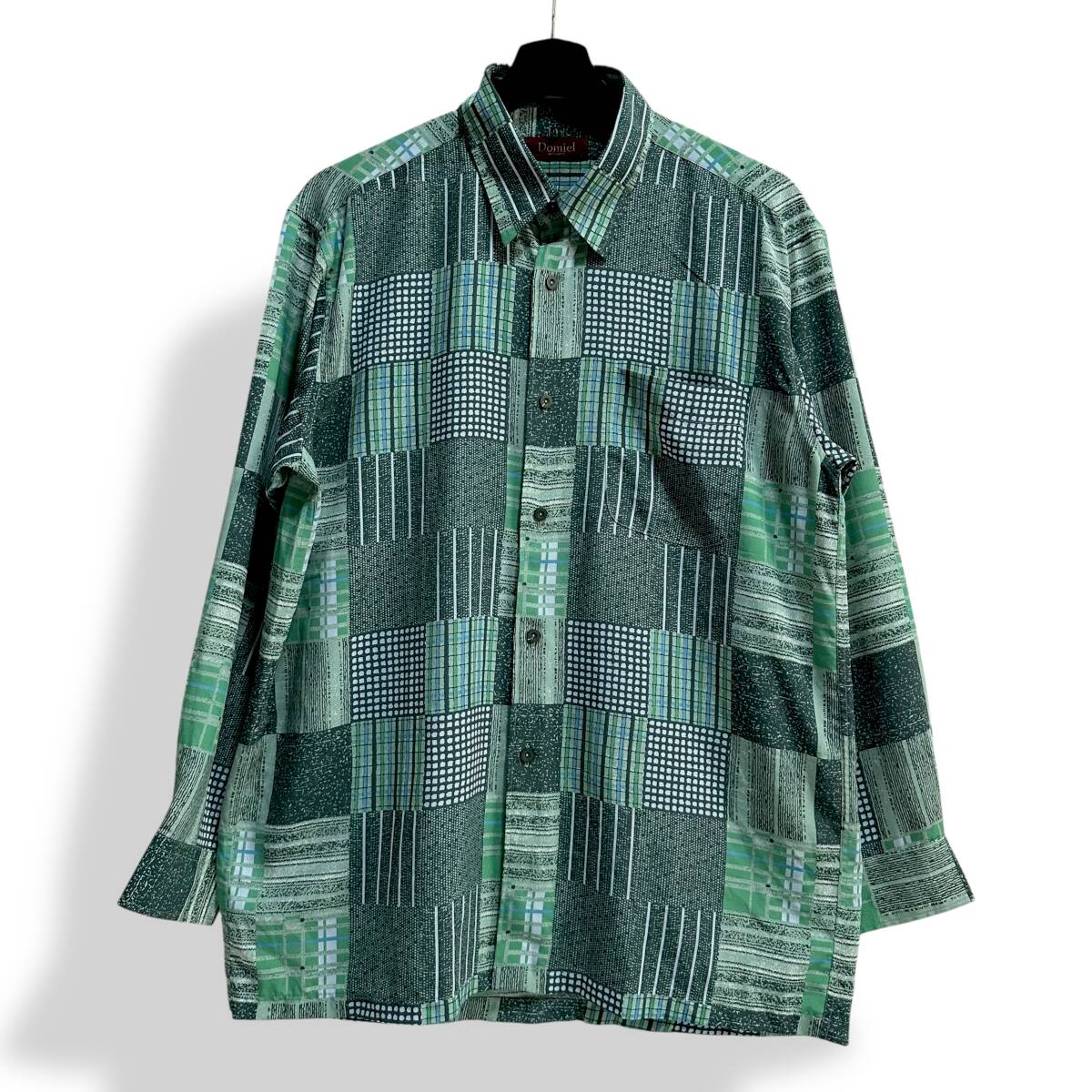 レア【Domiel】VINTAGE 90s クレイジーパターン レトロビンテージポリシャツ 長袖シャツ オールド 古着 グリーン ドット チェック拍卖