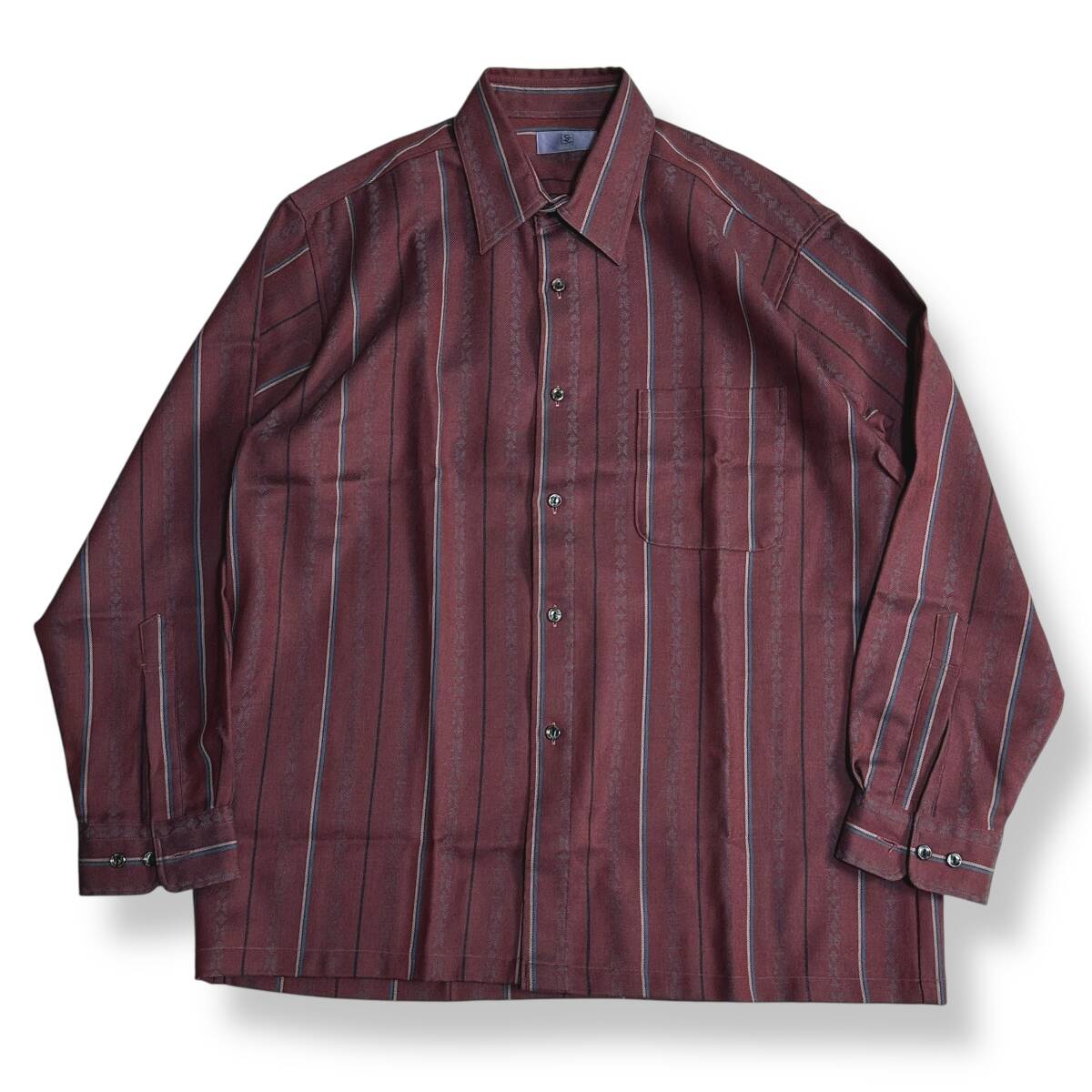 美品 秀逸【STARCUT】VINTAGE 80s 90s ジャガード風ストライプ レトロビンテージシャツ 長袖 日本製 ポリシャツ ボックスカット拍卖