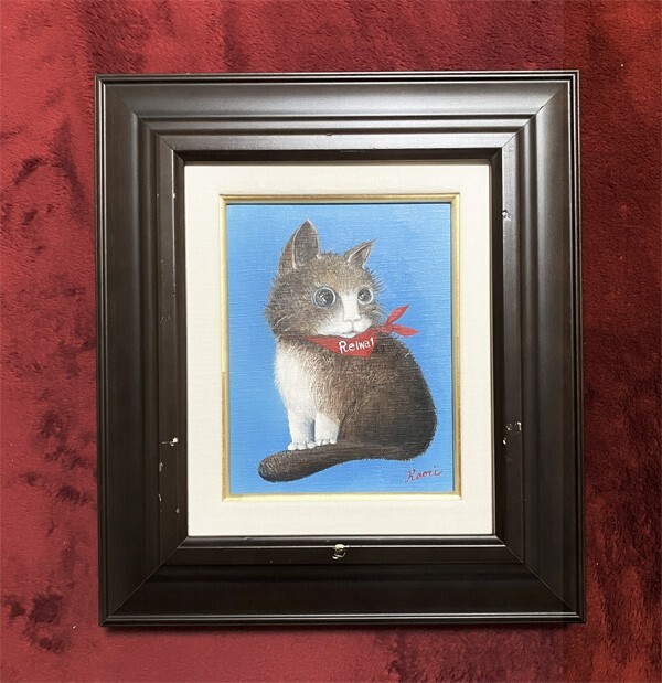 渡部香●真作●わたべ かおり●キャンバスに油彩 肉筆原画 直筆サインあり■可愛いイラスト■猫 ねこ 仔猫 ハチワレねこ拍卖