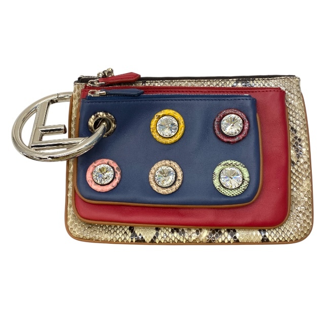 フェンディ 8BS001トリプレット クラッチバッグ セカンドバッグ ポーチ ビジュー レザー パイソン レッド ブルー マルチカラー FENDI拍卖