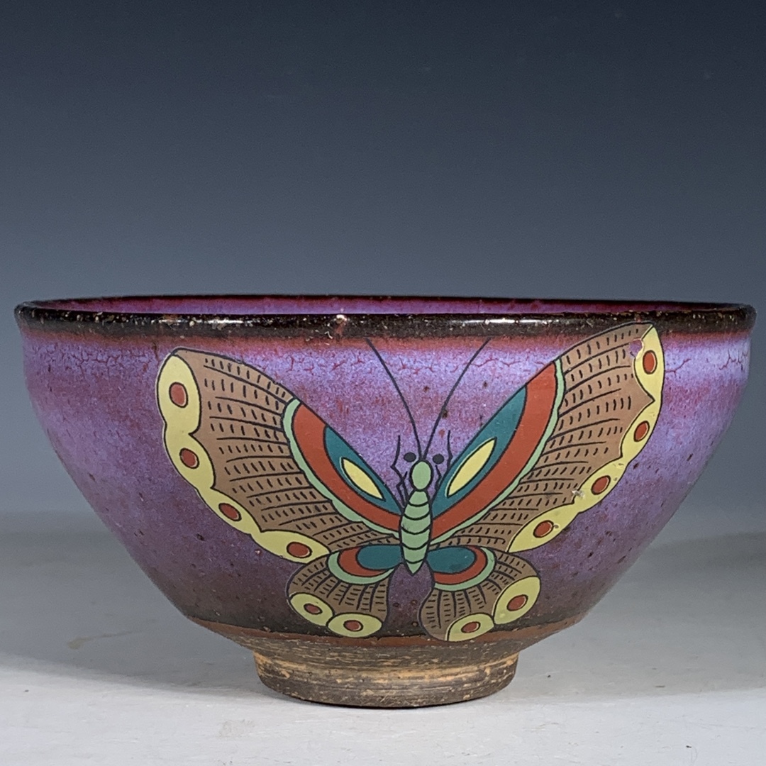 宋 古陶磁器 建窯 加彩 鳳紋 蝴蝶紋 油滴盞 盃 建盞 茶盞 供御款 陶芸 時代物 東洋彫刻 旧家蔵出し 唐物 中国古玩 古美術品拍卖