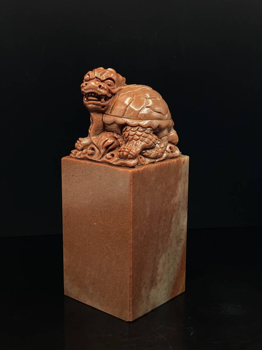 清時代 古寿山石 高山紅石彫 獣 龍亀印章 印鑑 文房具 文案置物 置物擺件 時代物 古董品 骨董 旧家藏出 唐物 中国古玩 古美術拍卖