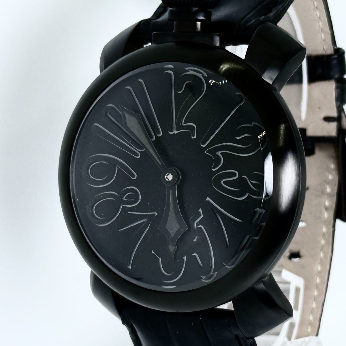 K6916 GaGa Milano ガガミラノ マヌアーレ48 黒 革 手巻 メンズ 裏スケ 稼働 腕時計拍卖