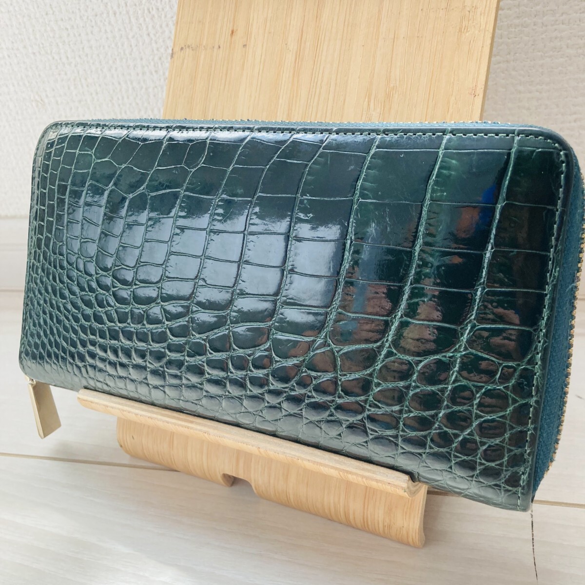 ★即決★ クロコダイル クロコ 鰐 ワニ革 ラウンドファスナー サイフ 長財布 シャイニー シャイニング みどり 緑 グリーン 大容量 拍卖