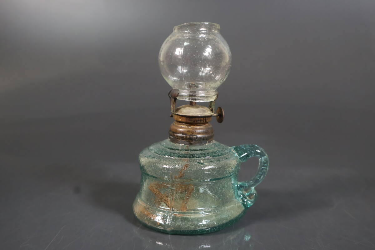 【和】(A3288) 時代古作 明治 時代ガラス 豆ランプ 手付ランプ ガラスランプ拍卖