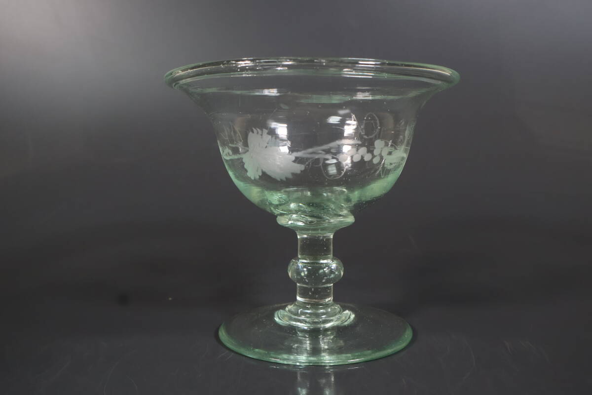 【和】(A3295) 時代古作 明治大正 グラビュールガラスコンポート 鉢 拍卖