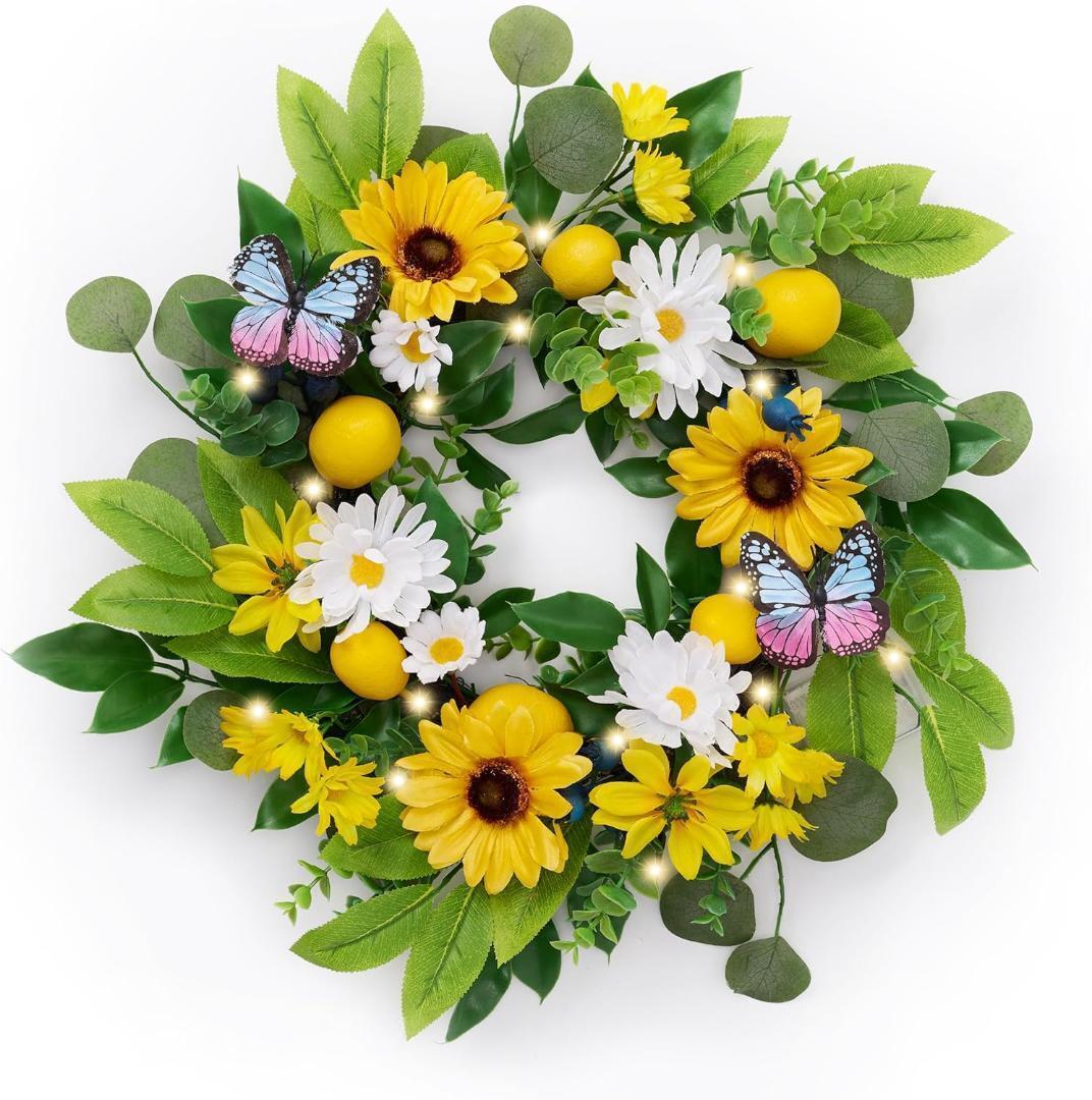 フラワーリース ギフト 感謝 おしゃれ 玄関用 プレゼント リース 造花 レモン 黄白色のデイジー ピンクブルーの蝶 玄関飾 LEDライト15個付拍卖