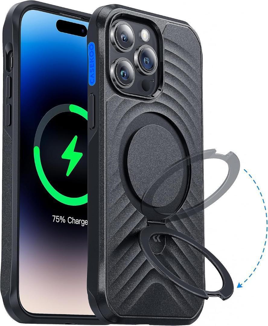 CASEKOO iPhone14ProMax 用【MagSafe対応・ダブル米軍MIL規格】ケース 隠し収納式 スタンド耐衝撃 米軍MIL規格 ブラック 黒拍卖