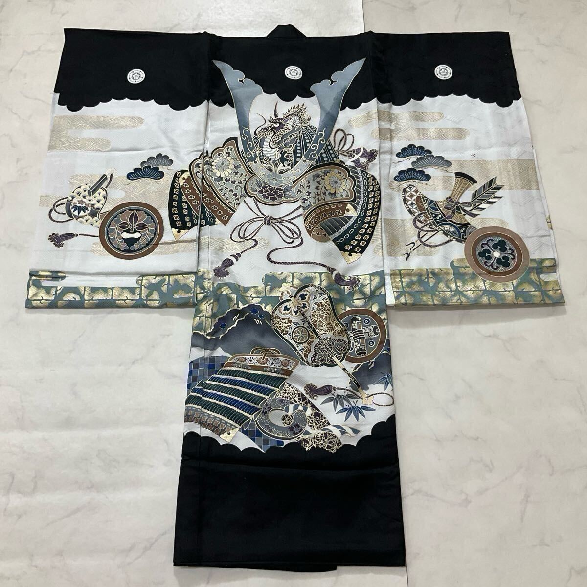 kimono+one◆産着◆お宮参り◆襦袢付き◆五つ紋◆七五三◆3歳用◆男の子着物◆七五三お詣り男の子着物こどものひお正月卒業式Y48拍卖