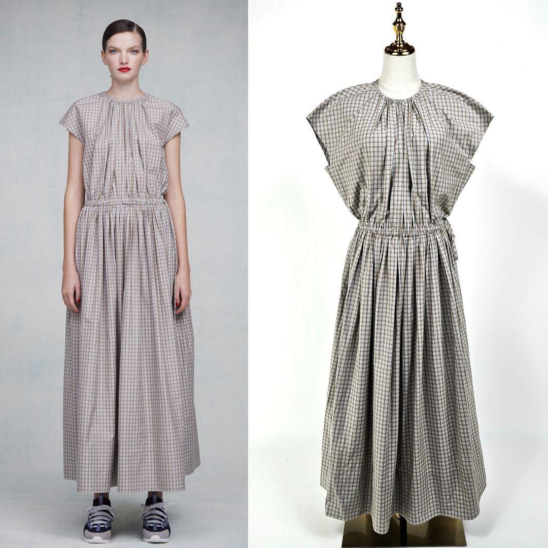 【未使用】ドゥロワー 2023 コットン ロング ギンガムチェック ワンピース Drawer フレンチスリーブ フレア サイドリボン ドローコード拍卖