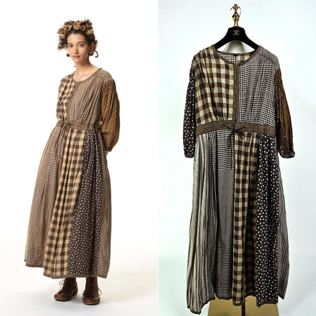 【新品同様】45R 玉手箱ドレス ワンピース パッチワーク 切り替え 3 リネン コットン L フラワー 花柄 チェック ドット 水玉 拍卖