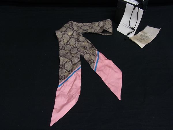 1円 ■美品■ GUCCI グッチ GG柄 シルク100% リボンスカーフ ツイリー レディース ベージュ系 FS1674拍卖